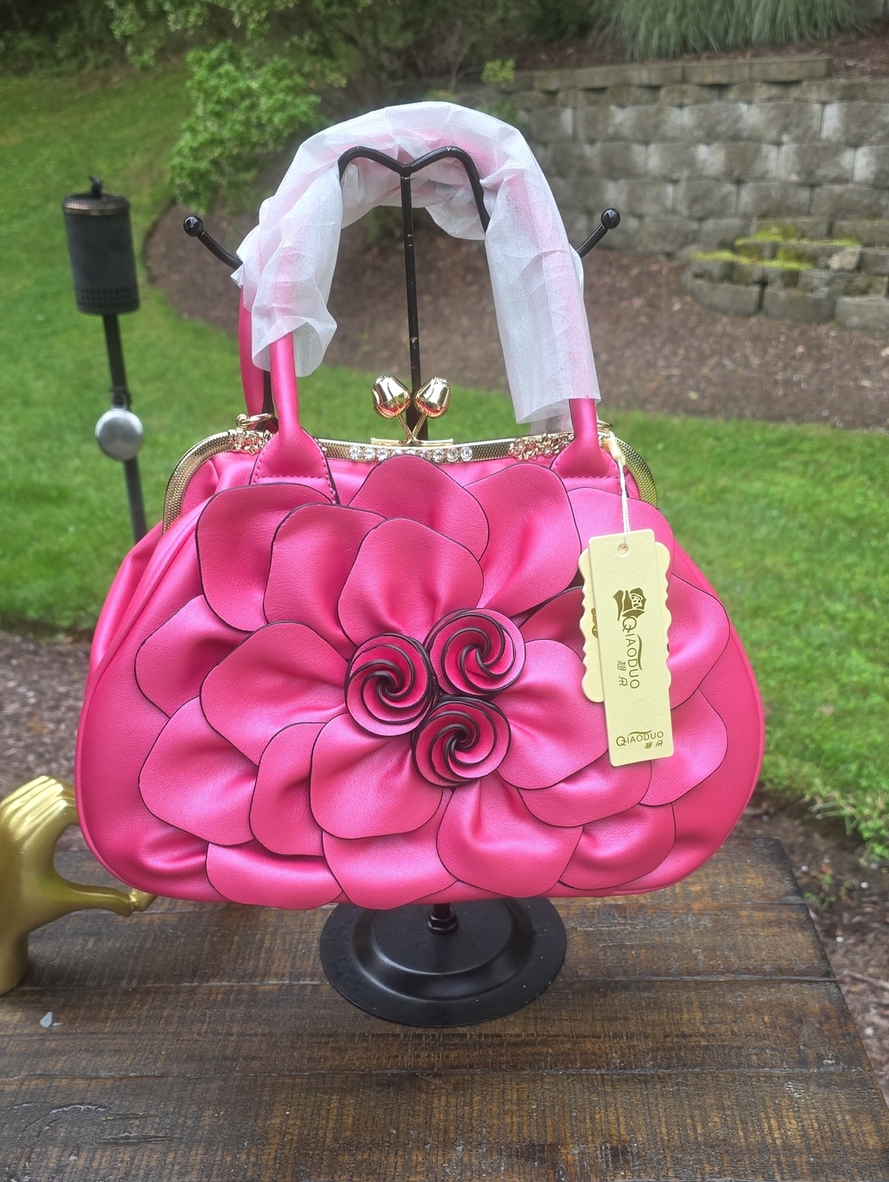Kisslock Hot Pink Satin Floral Clutch with Rosette Detail